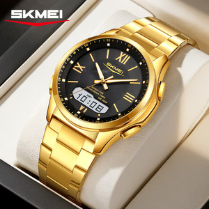 Ekmei Men's Digital Watch Stainless Steel Band Dual Display World Time Countdown 5Bar Waterproof Gold Color - Product Image 5