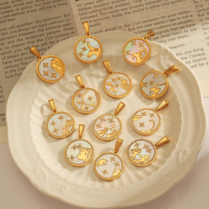 Charme de pièce de monnaie en acier inoxydable plaqué or 18 carats, 12 signes du zodiaque, charme d'<span class=keywords><strong>horoscope</strong></span> en nacre - Product Image 1