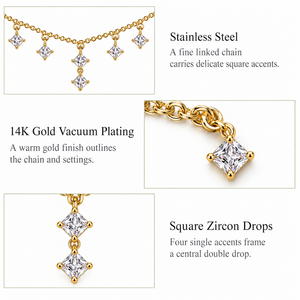 Collier pendentif carré en zircon, acier inoxydable, plaqué or 14 carats sous vide, option chaîne réglable, tons or et argent - Product Image 3