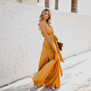 Robe longue sans manches à col en V avec fente haute, taille naturelle respirante pour femmes, robes de cocktail - Product Image 4