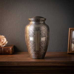 Urne funéraire noire avec motif croix pour adulte, finition métallique durable - Artisanat indien - Product Image 1