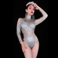 Body sexy à manches longues avec strass, barboteuse moulante grande taille pour femmes, tenues de pole dance, combinaison de scène pour dames