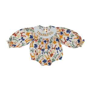 Pelele de bebé Unisex de manga larga con lazos agradecidos bordados con fruncido ODM de punto de alta calidad, venta al por mayor, gran oferta, Envío listo - Product Image 1