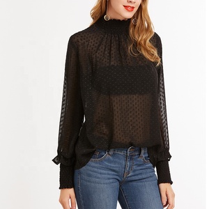 Latest Long Sleeve Black <strong>Sheer</strong> Women Smocked <strong>Blouse</strong> - Product Image 1