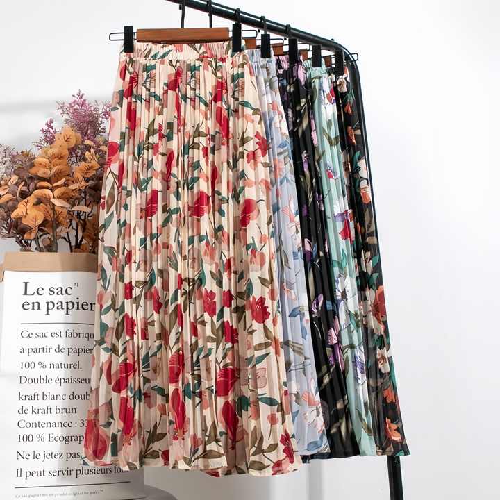 Floral Print Women Elegant Skirt High Waist Summer Beach Chiffon Dress ...