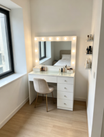 Table de maquillage Voxhome avec miroir éclairé, plusieurs tiroirs, plateau en verre, table de toilette pour chambre à coucher, salon, meubles