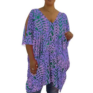 Kaus bahu dingin motif Tribal Polinesia kustom baru kaus leher V dalam blus Wanita atasan setengah lengan kaus ukuran Plus - Product Image 2