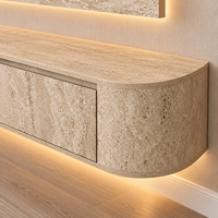 Lemari TV Gantung MDF Motif Batu dengan Ujung Melengkung, Lampu LED Hangat, Konsol Media Dinding, Warna Dapat Disesuaikan