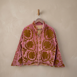 Custom <b>Women</b> Pink Velvet Suede Suzani Embroidery Jacket Vintage Stand Collar Floral Embroidered Boho Folk Warm Outerwear <b>Coat</b> - Product Image 4
