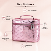 Sac cosmétique personnalisé en gros avec logo, finition métallique rose, motif gaufré, double fermeture éclair, trousse de maquillage portable