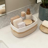 Lot de 3 paniers de rangement en jute et coton tressés à la main, bacs organisateurs tissés avec poignées intégrées pour salle de bain, placard et étagère