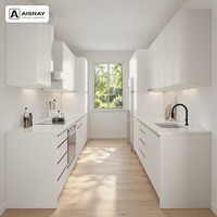 Armoires de cuisine RTA en PVC thermoformé au design minimaliste, configuration en U, boîtes d'armoires en panneaux de particules et dimensions personnalisées