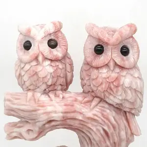 Notte Owls Naturale Della Pietra Preziosa Opale Rosa di Cristallo Intagliato Animale Figurine Decorazione