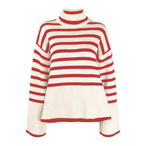 Maglione Lavorato a Maglia con Motivo Personalizzato per <span class=keywords><strong>Donna</strong></span> Pullover Maglieria Invernale Oversize in <span class=keywords><strong>Cotone</strong></span> a Righe con Collo Alto - Product Image 2
