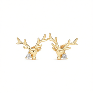 Pendientes de Oro Sólido de 18K con Diseño de Ciervo Dorado, Engaste de Garra con Diamantes Redondos, Joyería Unisex para Uso Diario - Product Image 1