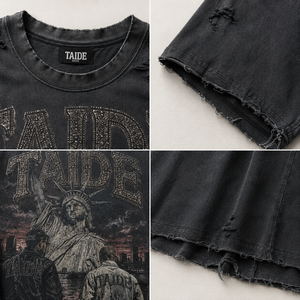 Maglietta Vintage in Cotone 280GSM Certificata GRS TaiDe, T-Shirt da <span class=keywords><strong>Uomo</strong></span> con Effetto Invecchiato e Strass, Stampa Personalizzata Streetwear - Product Image 2