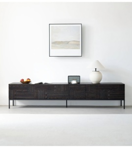 Meuble TV rétro armoire de rangement en bois massif lumière intégrée luxe haut de gamme petit appartement armoire latérale noire au sol - Product Image 1