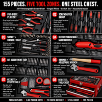 Ensemble d'outils manuels OEM robuste de 155 pièces, tournevis électrique sans fil, pinces forgées en acier à haute teneur en carbone, douilles, mallette à outils pour