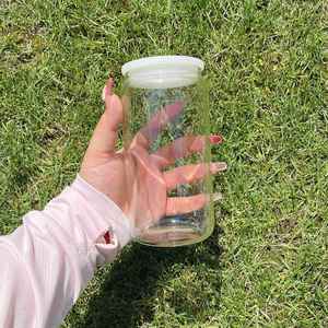 Vaso de Vidrio de 16 oz con Tapa de Plástico de Colores y Pajita, Vaso Transparente en Forma de Lata para Sublimación DIY, Vasos de Cerveza con Forma de Lata - Product Image 2