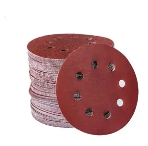 PMS 5 Inch Red 8 Holes Sandpaper Disc Hook and Loop Sand Disc 120 Grit Aluminum Oxide Sanding Discs
