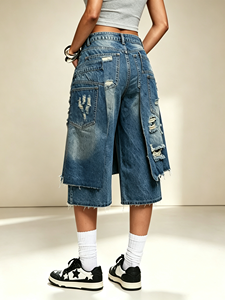 <strong>Women</strong> High Waist Multi Ripped Distressed <strong>Denim</strong> Jorts, Dark Blue Wash Frayed Raw Hem Oversized Baggy Knee Length <strong>Bermuda</strong> <strong>Shorts</strong> - Product Image 1