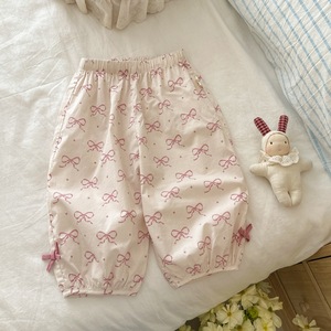TongXingYuan Girls Cotton Pants Grid Cartoon Print <b>Bow</b> Detail Nine Point Joggers For Kids - Product Image 3