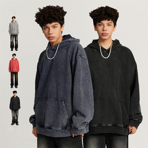 Sweats à capuche en molleton vierge surdimensionné à logo personnalisé sans ficelle broderie poids lourd vêtements de rue sweats à capuche pour hommes lavage à l'acide uni - Product Image 4