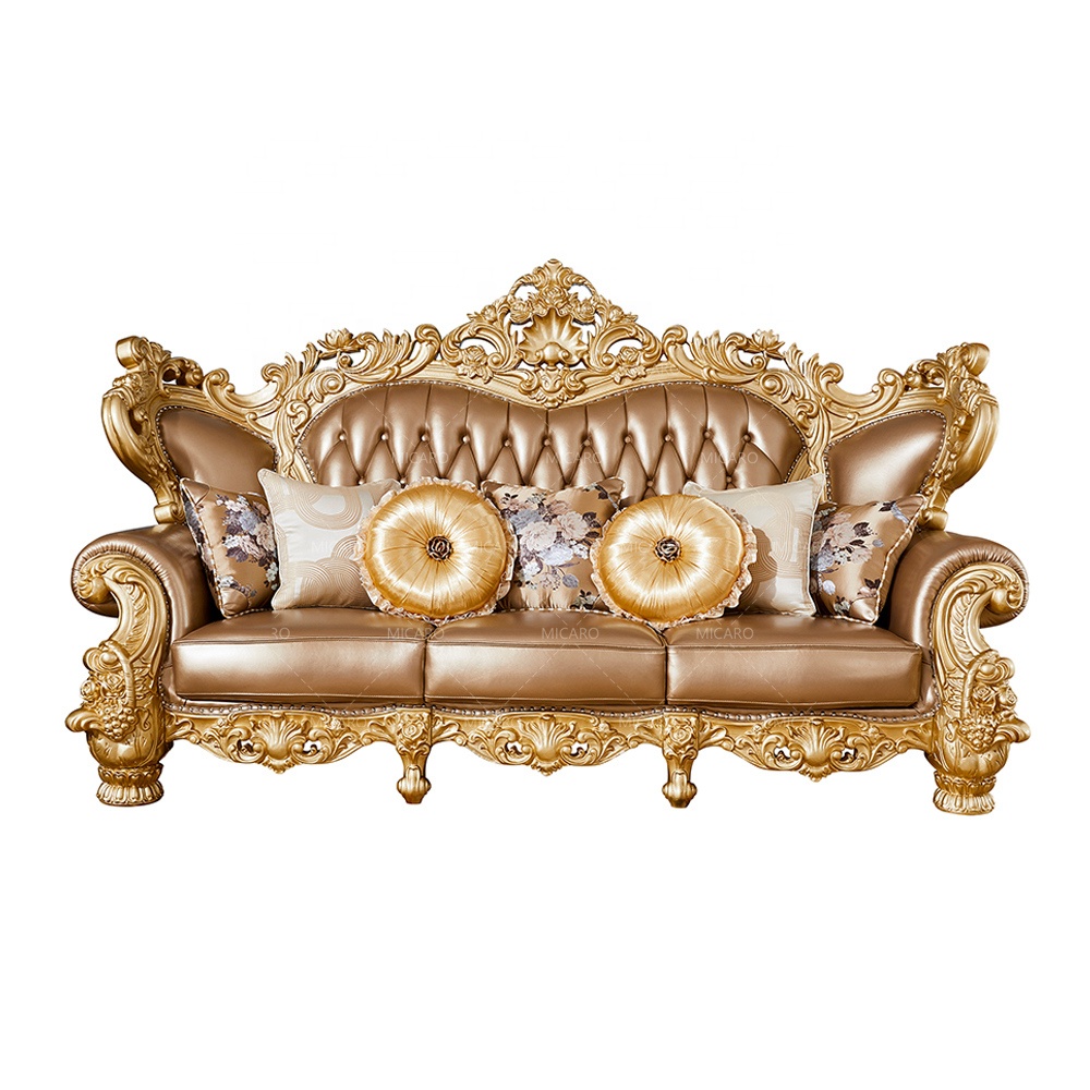 Luxury French classic european baroque high quality wood hand carved real pure leather gold sofa set