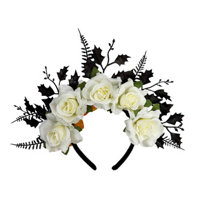 Dark Gothic Floral Headband Black Leaves Artificial Rose Halloween <b>Women</b> <b>Cosplay</b> Evening Makeup Party Hair Accessory - Product Image 2