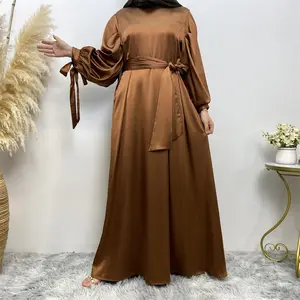 Wholesale Islamic EID Modest Dubai Abaya 2024 Elegant Luxury Lace Up Sleeves Muslim Women Girl Dress Hijab Satin Silk Abaya