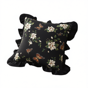 Coussin décoratif vintage carré brodé 45 cm en coton noir pour canapé, lit, salon, décoration intérieure - Product Image 1