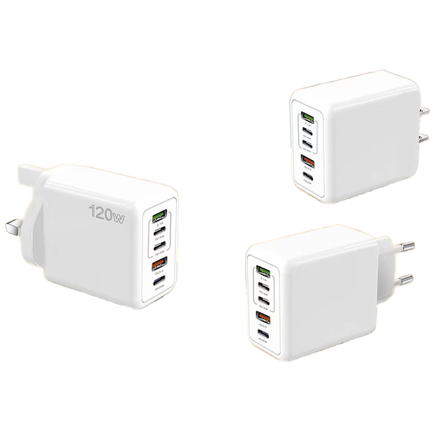 120W 5-Port USB Fast Wall Charger USB-A + USB-C PD QC 3.0 Multi-Region Plug Charger for Phones Laptops