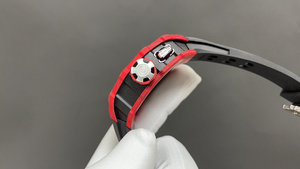 Luxury <b>Red</b> Forged Carbon Tonneau Skeleton Watch Black Rubber Strap with Exposed Movement - Product Image 4