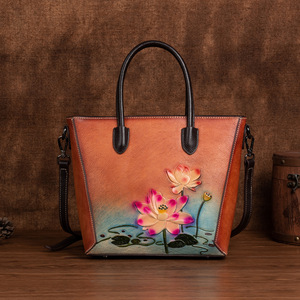 Ando Bag Lotus Floral Embossed Genuine Leather <b>Handbag</b> Women Vintage Top <b>Handle</b> Crossbody Bag - Product Image 2