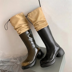 Mixed Color Low Chunky <b>Heels</b> <b>Round</b> <b>Toe</b> Loose Stretchy Top Western Boots Women Knee High Booties Patchwork Handmade Shoes - Product Image 4