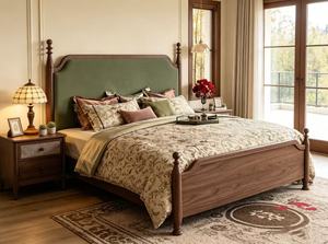 Premium Queen Size Dark Wood Spindle <b>Bed</b> With Green Velvet Arched Upholstered Headboard For Bedroom - Product Image 2