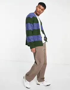 Nanteng Custom Design Fashion Striped Mixed Colors V-Neck Mohair Men Cardigan Sweater