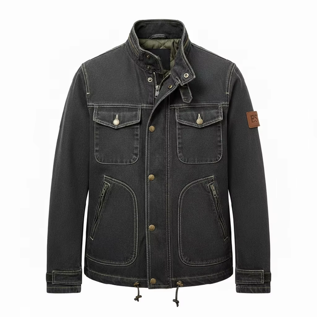 OEM Custom Men's Workwear Vintage Jacket Heavy Duty Washed Denim Utility Jackets with Contrast Stitching Bulk Order Available