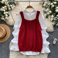 Ensemble superposé style court doux pour femme automne 2026 : Gilet en tricot à fleurs 3D et chemisier à manches bouffantes