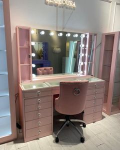 Grande coiffeuse avec miroir et éclairage LED rose, avec armoire de rangement pour la chambre à coucher - Product Image 2