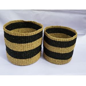 Juego de 2 Cestas Redondas Tejidas a Rayas Negras para Envolver Regalos y Almacenamiento en el Hogar, Material Natural Hecho a Mano de Primera Calidad - Product Image 4