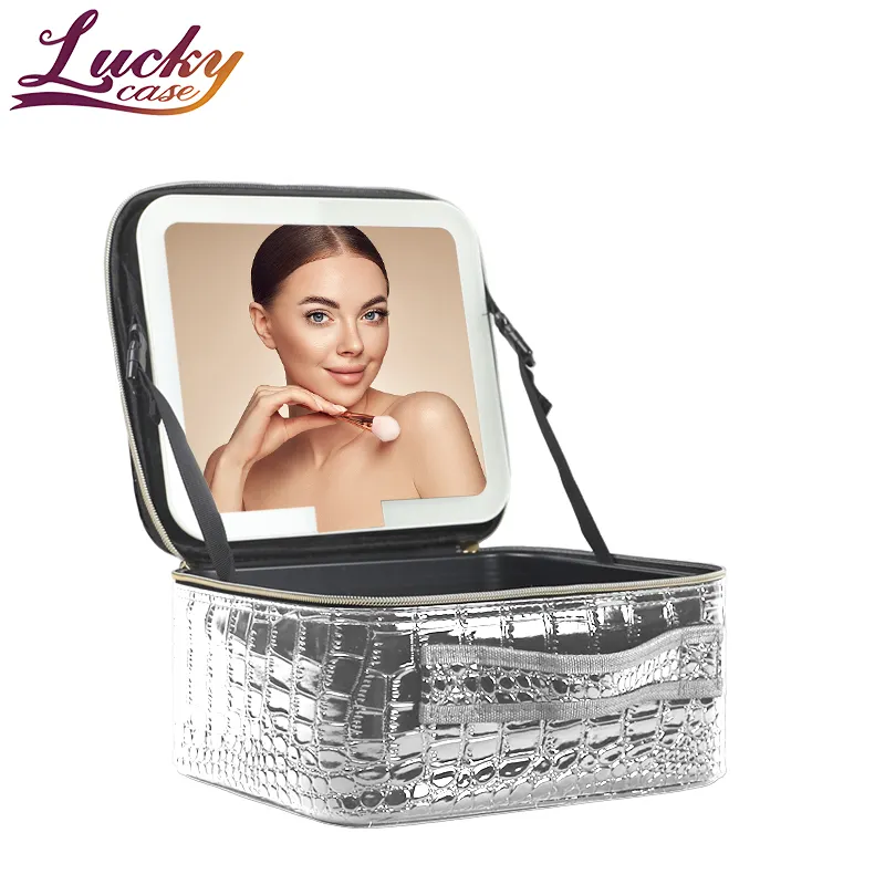 LED 거울이있는 흰색 악어 질감 메이크업 가방 작은 응답 터치 스크린 여행 메이크업 가방 고귀한 메이크업 가방