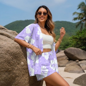 Conjunto de Dos Piezas de Camisa con Estampado de Flores de Playa y Pantalones Cortos con Cordón Ajustable, Personalizado, Transpirable, de Poliéster, para Dropshipping - Product Image 3