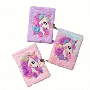 Cuaderno de diario personalizable con cubierta de unicornio de peluche de colores, de tela cosida, para papelería escolar al por mayor de EE. UU. - Product Image 3