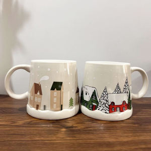 Venta caliente lindo dibujos animados Beige verde <span class=keywords><strong>pueblo</strong></span> nieve árbol invierno casa Navidad decoración cerámica saludo café agua taza conjunto - Product Image 4