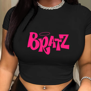 Camiseta de corte para mujer Y2k Rosa Bratz, Camiseta con estampado de letras, cuello redondo, ropa ajustada de manga corta, top de moda para mujer - Product Image 1