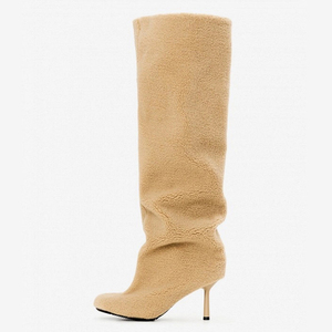 Women's Thick Fur Knee High Boots Ladies High Thin Heels Winter Baggy Shoes Square Toe Loose Pleated Upper <b>Long</b> Booties - Product Image 2