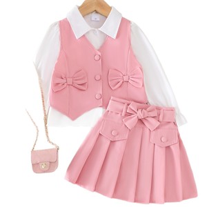 Vêtements pour enfants en gros, nouvelle collection été, vêtements doux pour filles de 4 à 7 ans, <span class=keywords><strong>gilet</strong></span> à nœud, chemise blanche, jupe plissée, ensemble trois pièces - Product Image 1