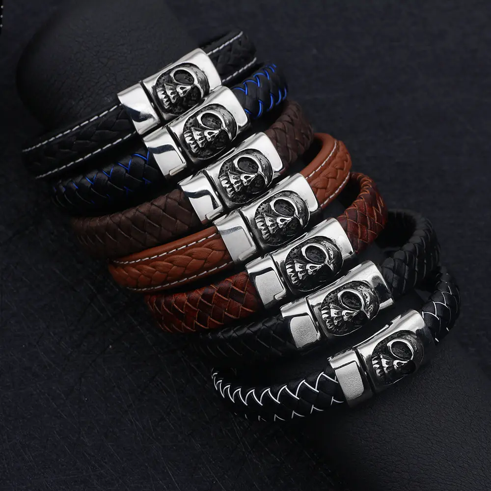 Hip Hop Trendy Jewelry Cowhide Leather Bracelet Handmade Style Skull Bracelet Men Bracelets For Women Jewelry