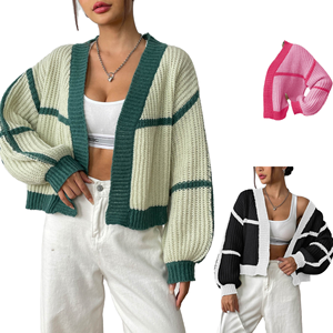Cardigan en tricot color block pour femme, col rond, ouvert sur le devant, manches courtes, coupe classique, décontracté, automne-hiver - Product Image 4